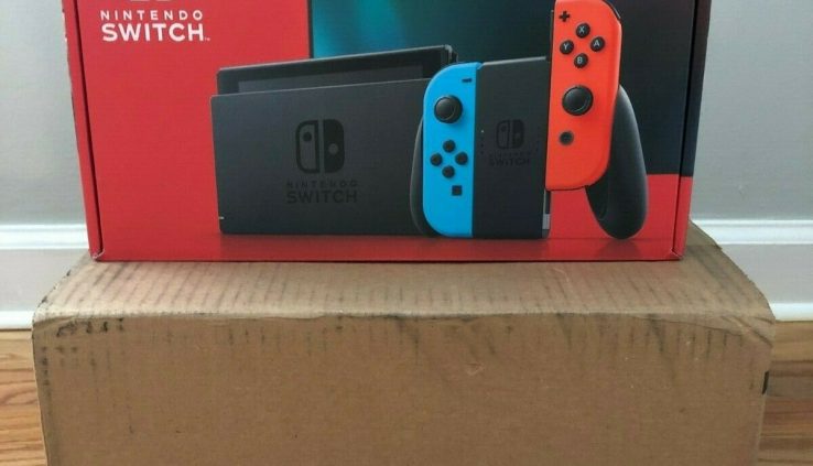NEW Nintendo Switch Gray Console Arrangement w Neon Red + Blue Joy Con + Straps 32GB