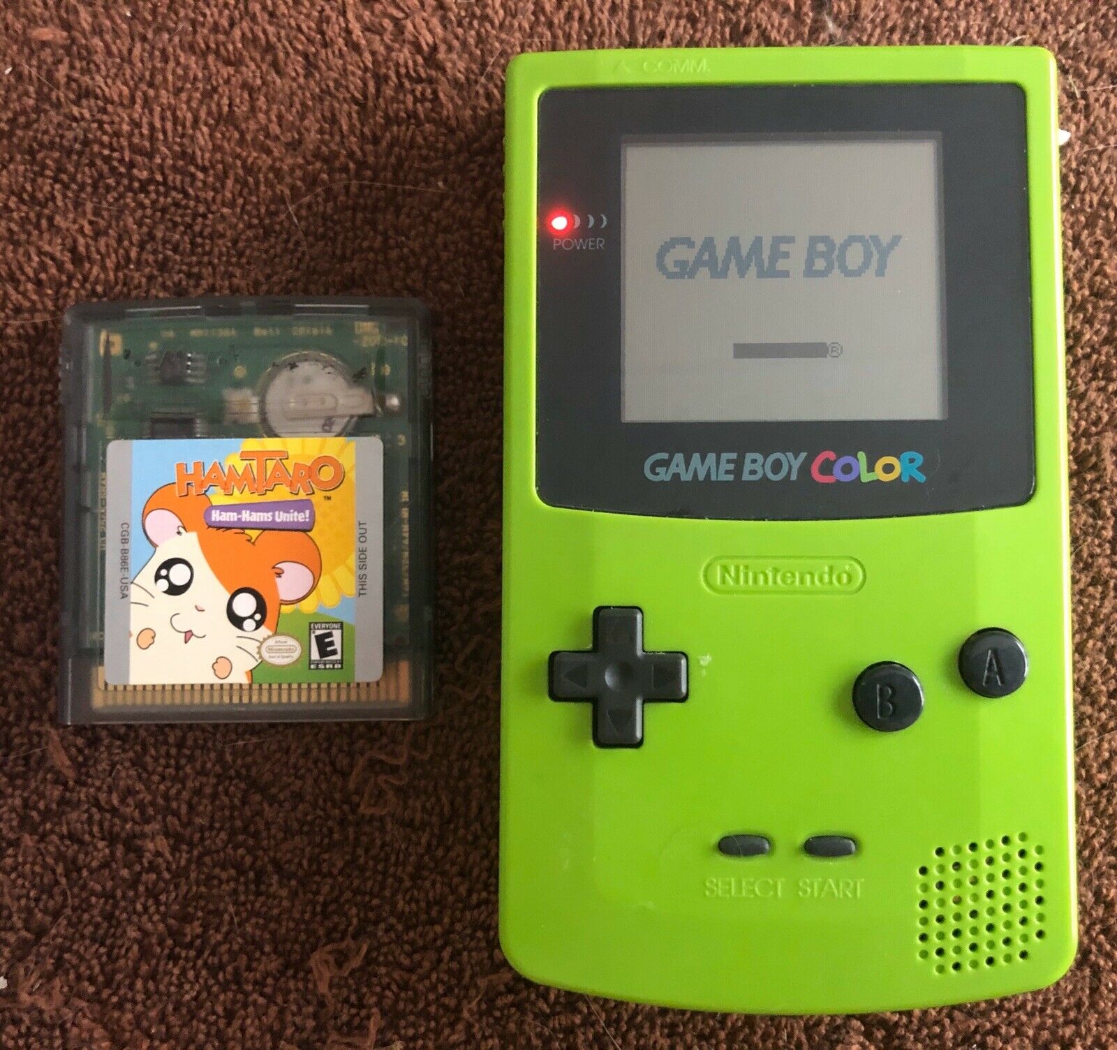 NINTENDO GAMEBOY COLOR GAME SYSTEM LIME GREEN WITH RARE HAMTARO GAME