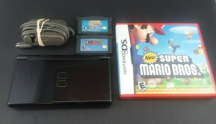 Dim Nintendo DS Lite w/ 3x Video games, Charger Bundle- Mario Bros- Examined