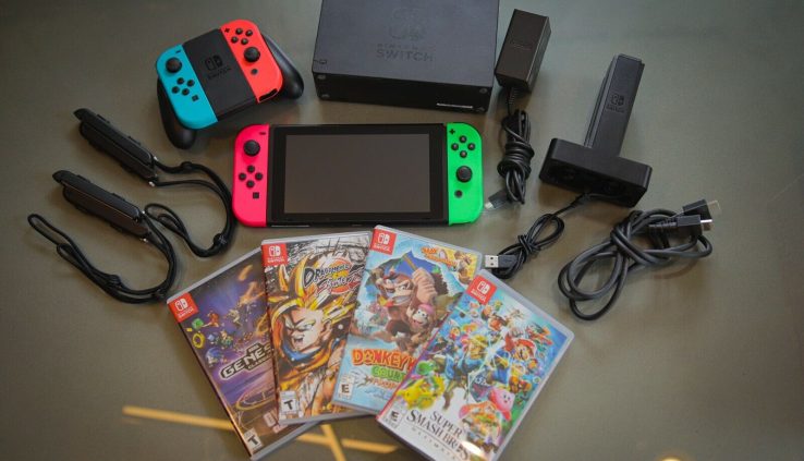 Nintendo Swap Neon Crimson and Neon Blue Joy-Con Console With Games
