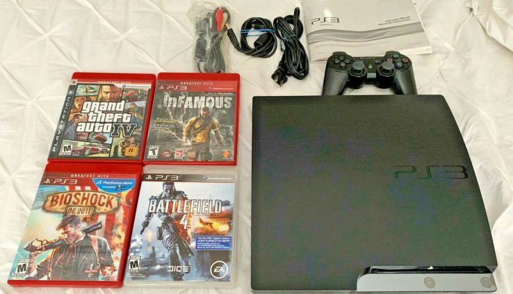 PS3 Slim 160gb Console Total w/ Box + 4 Video games Huge Condition GTAIV BIOSHOCK