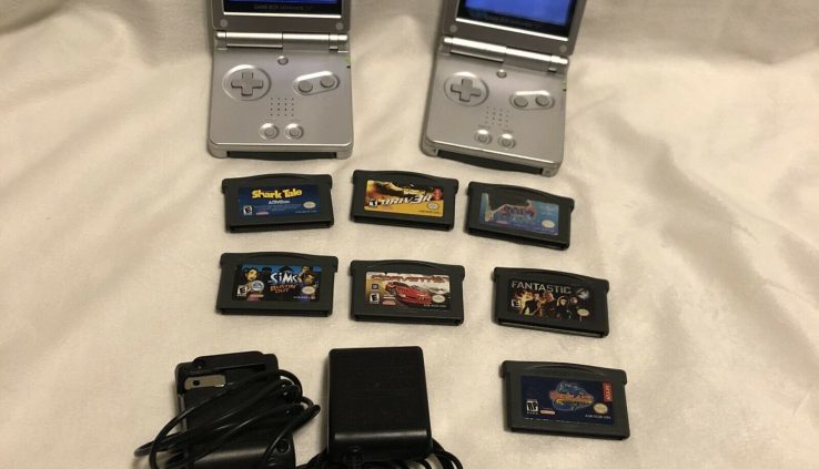 2 Nintendo Gameboy Advance SP Silver (AGS-001) W/ Chargers + Games