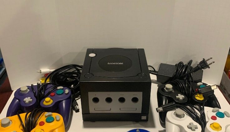 Dusky Nintendo GameCube with cords, 4 Aftermarket controller, Reminiscence Card