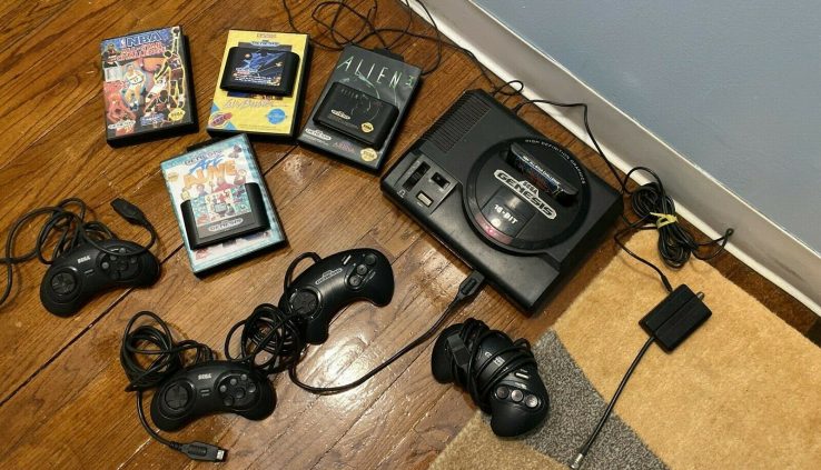 Favorite Sega Genesis Console Diagram W/ 4 Controllers, 4 Video games and All Cords