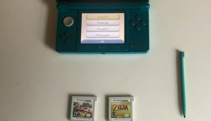 Nintendo 3DS – Aqua Blue With 4 Video games ZELDA,SMASH BROS Ect…w/stylus no charger