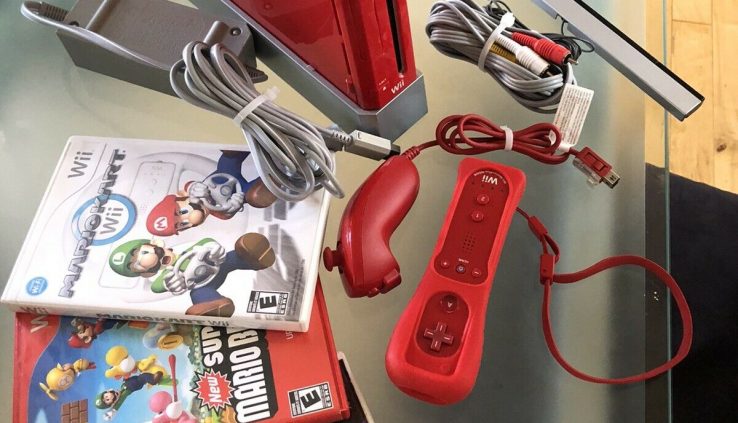 Nintendo Wii Crimson Console Oem With 3 Video games Mariokart Orderly Mario