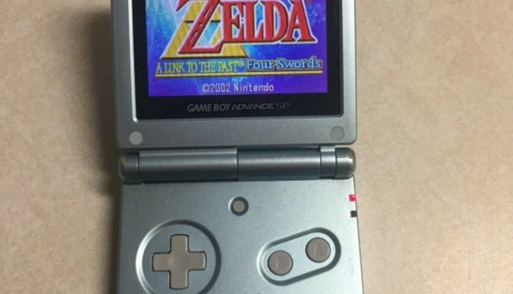 BACKLIT Nintendo GBA with ZELDA recreation & charger SP Pearl Blue Plot AGS-101