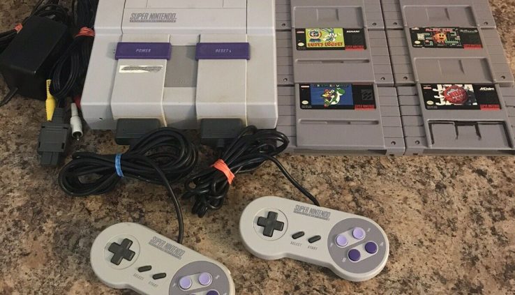 SUPER NINTENDO SNES CONSOLE 6 GAME BUNDLE LOT – 2 CONTROLLERS – MARIO WORLD