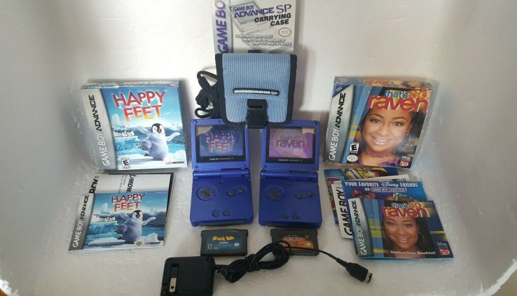 2 Nintendo Game Boy Near SP GBA Cobalt Blue AGS-001 Charger 4 Games **READ**