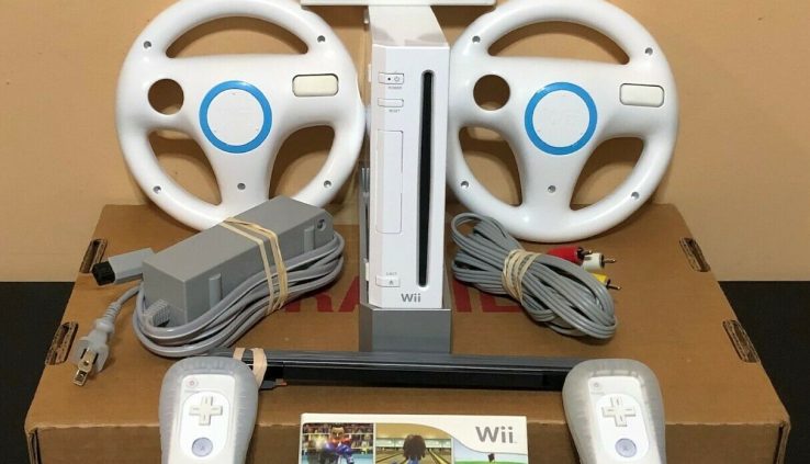 Nintendo Wii Console Bundle-Mario Kart Wii Sports activities Wheels 2 Controllers-FREE SHIP