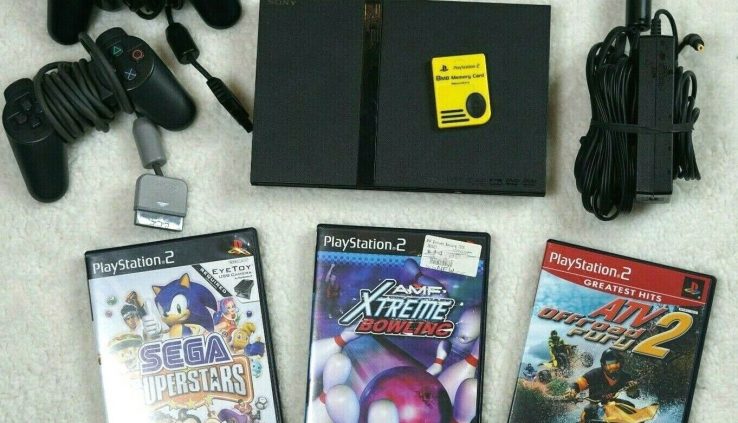 Sony PS2 Slim Shaded W/ 3 PS2 Games, 2 PS2 Controllers, Cords, & 8MB Memory Card
