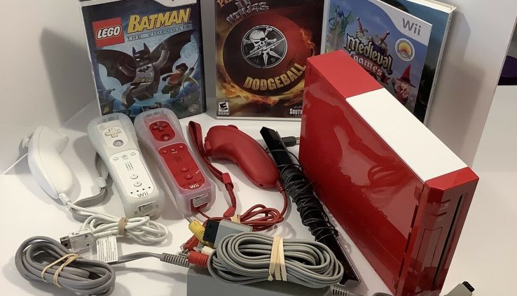Nintendo Wii Red Console RVL-001 Bundle 3 Games, Controllers, Nunchucks, Examined